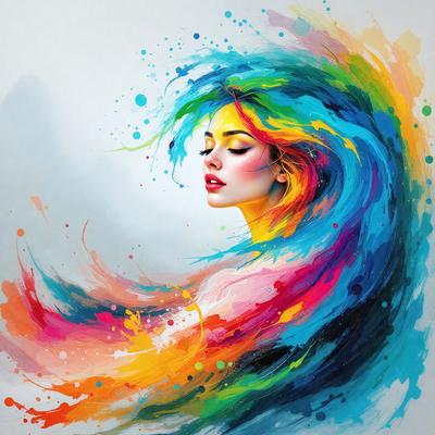 The primary subject of the image is a woman with long, flowing hair. She is the main focus of the image, and her hair is the most prominent feature. The setting is a white background, which provides a clean and minimalist backdrop for the woman. The visual style of the image is digital art, as it is a painting of a woman with a colorful, flowing mane. The colors and mood of the image are vibrant and lively, with the woman's hair being the main source of color